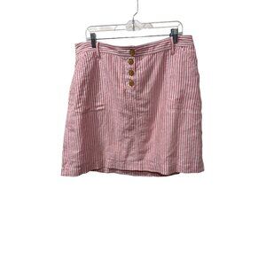 Talbots Plus Red & White Striped Linen-Blend Skirt Size 16W Button Front With Ti